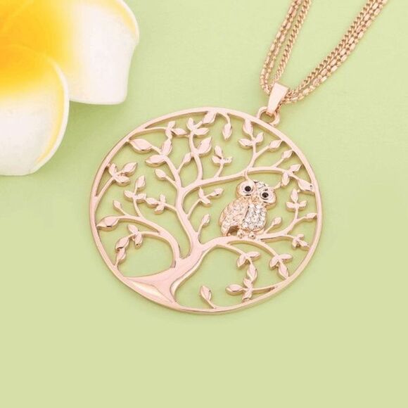 Tree Of Life Diamond Owl Pendant Triple Chain Necklace - Picture 2 of 4